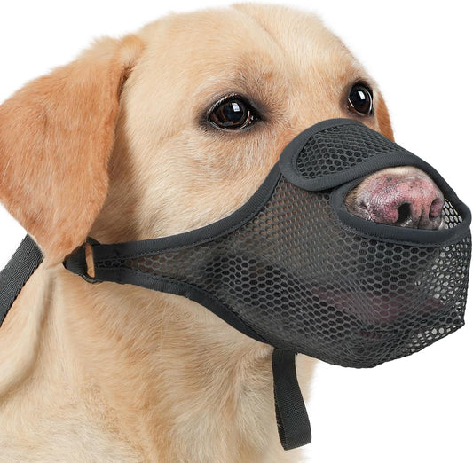 LUCKYPAW Dog Muzzle for Large Medium Small Dogs, Patented Mesh Muzzle to Prevent Biting Chewing Eating, Soft Mouth Guard with Front Opening Design for Drinking Panting (Black, XXL)