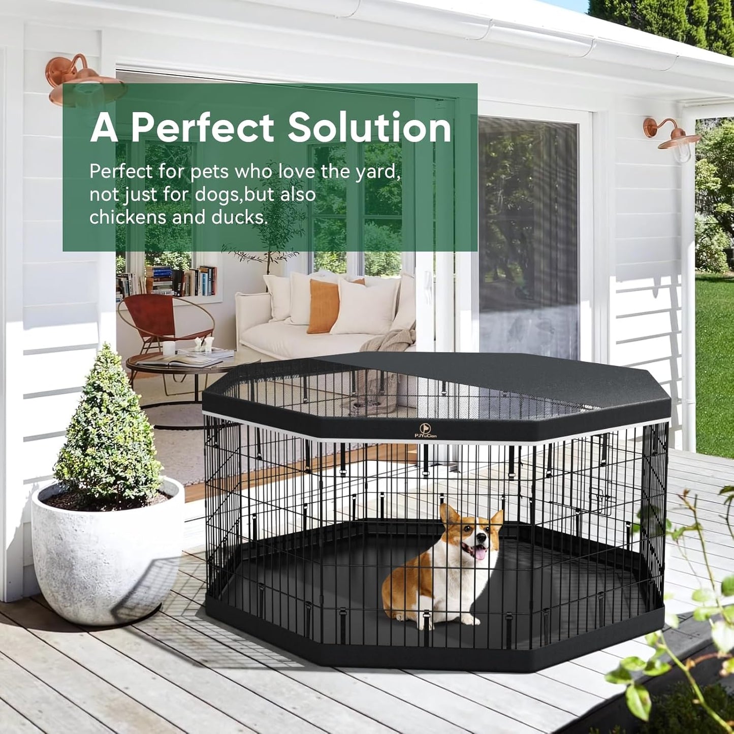 PJYuCien Dog Playpen, 8 Panels 24’’H Dog Pens Indoor with Bottom Pad and Top Cover, Metal Foldable Pet Puppy Exercise Fence Crate Kennel, Better for Small Animals,Black