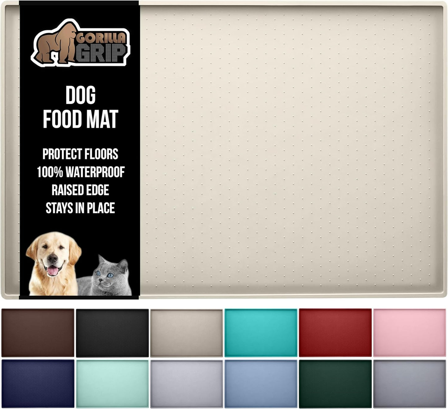 GORILLA GRIP 100% Waterproof Raised Edge BPA Free Silicone Pet Feeding Mat, Dog Cat Food Mats Contain Spills Protects Floors, Placemats for Cats and Dogs Water Bowl, Pets Accessories 23x15 Cream