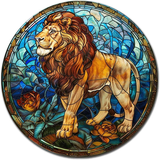 Lygond Metal Sign Tin Sign Circular Stained Glass Lion Metal Sign for Home Decor 8×8 Inches