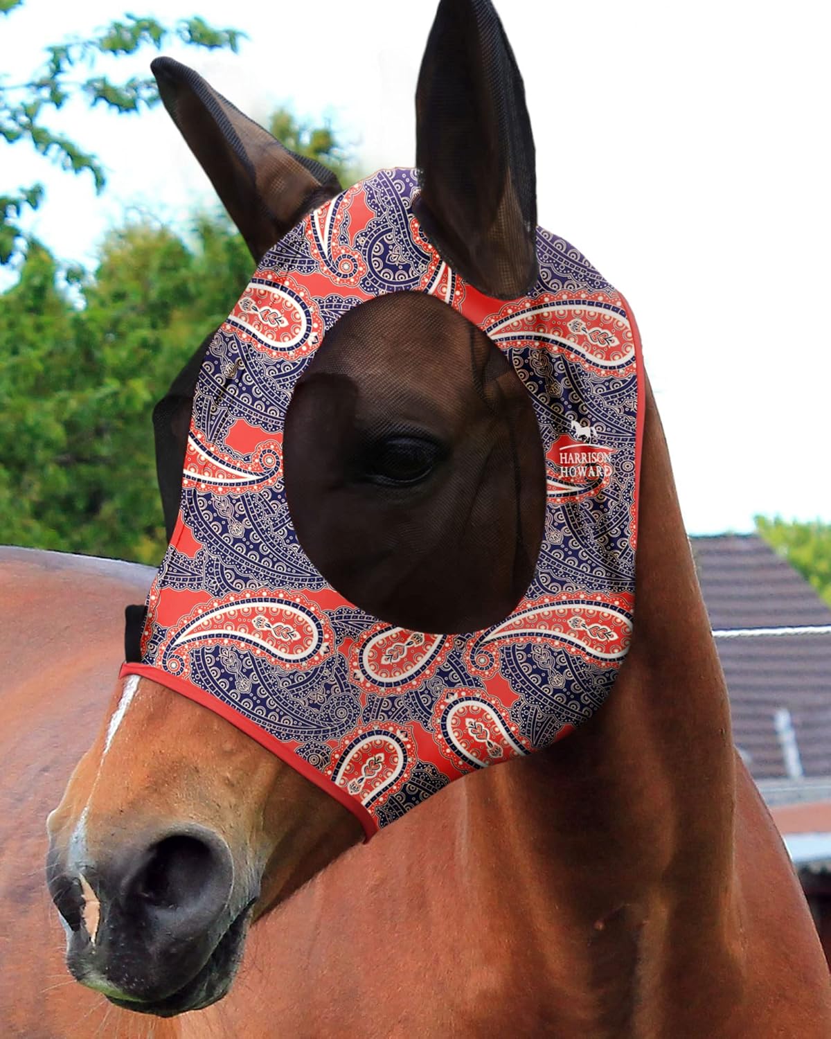 Harrison Howard Super Comfort Stretchy Fly Mask Large Eye Space with UV Protection Soft on Skin with Breathability Orange Paisley Full Size