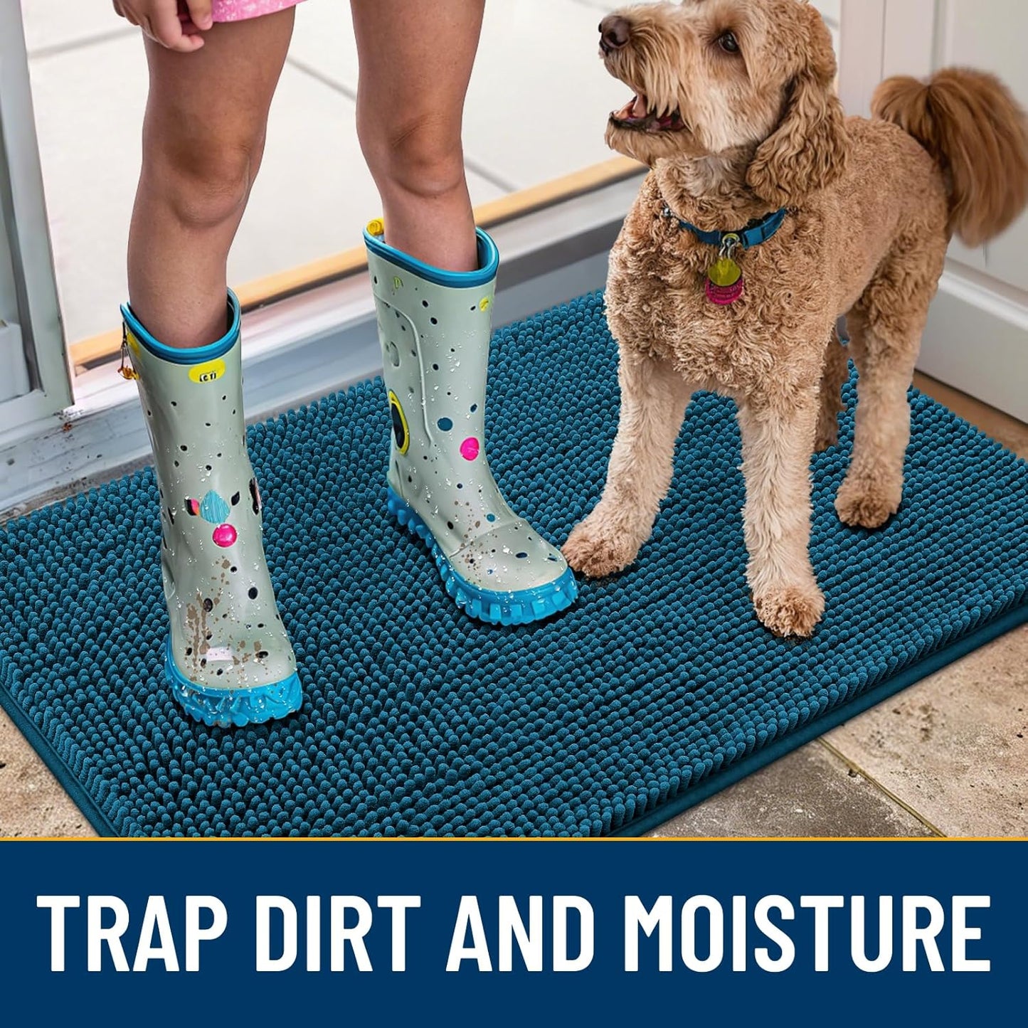 Smiry Dog Door Mat for Muddy Paws 36x24, Absorbs Moisture and Dirt Doormat, Non-Slip Washable Quick Dry Chenille Front Door Mat Indoor Entrance, Entryway Carpet for Inside Floor, Atlantic Blue