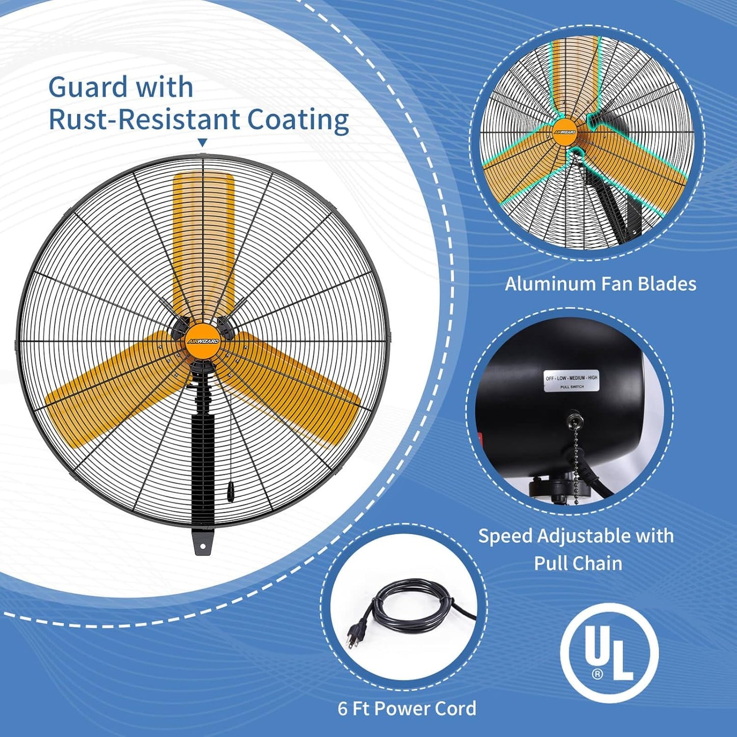 30 inch Oscillating High Velocity Wall Mount Fan, 8550 CFM Industrial Heavy Duty Metal Wall Fans, 3 Speeds, Adjustable Height and Tilt, Commercial Shop Fan for Garage, Workshop