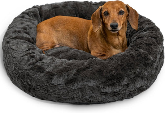 Best Friends by Sheri Original Calming Donut Dog and Cat Bed, Lux Faux Fur, Mink Dark Gray, (23in x 23in) - Anxiety Relief for Pets Up to 25 lbs