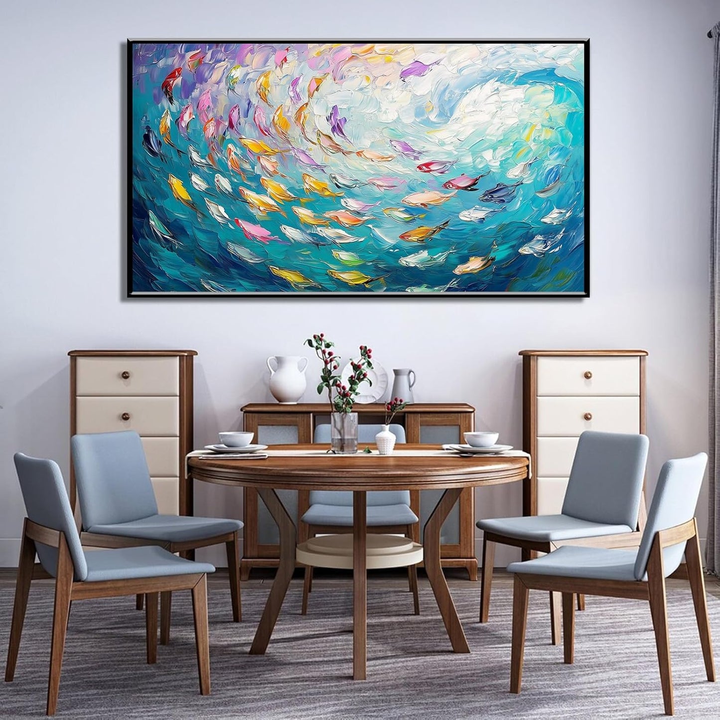 Fish Canvas Wall Art, Abstract School of Fish Canvas Wall Art, School of Fish Painting Canvas, School of Fish Wall Art, Fish Wall Decor, Fish Pictures Wall Decor, Bedroom Canvas Wall Decor (Gold Framed, 69"x39" | 174x98cm)