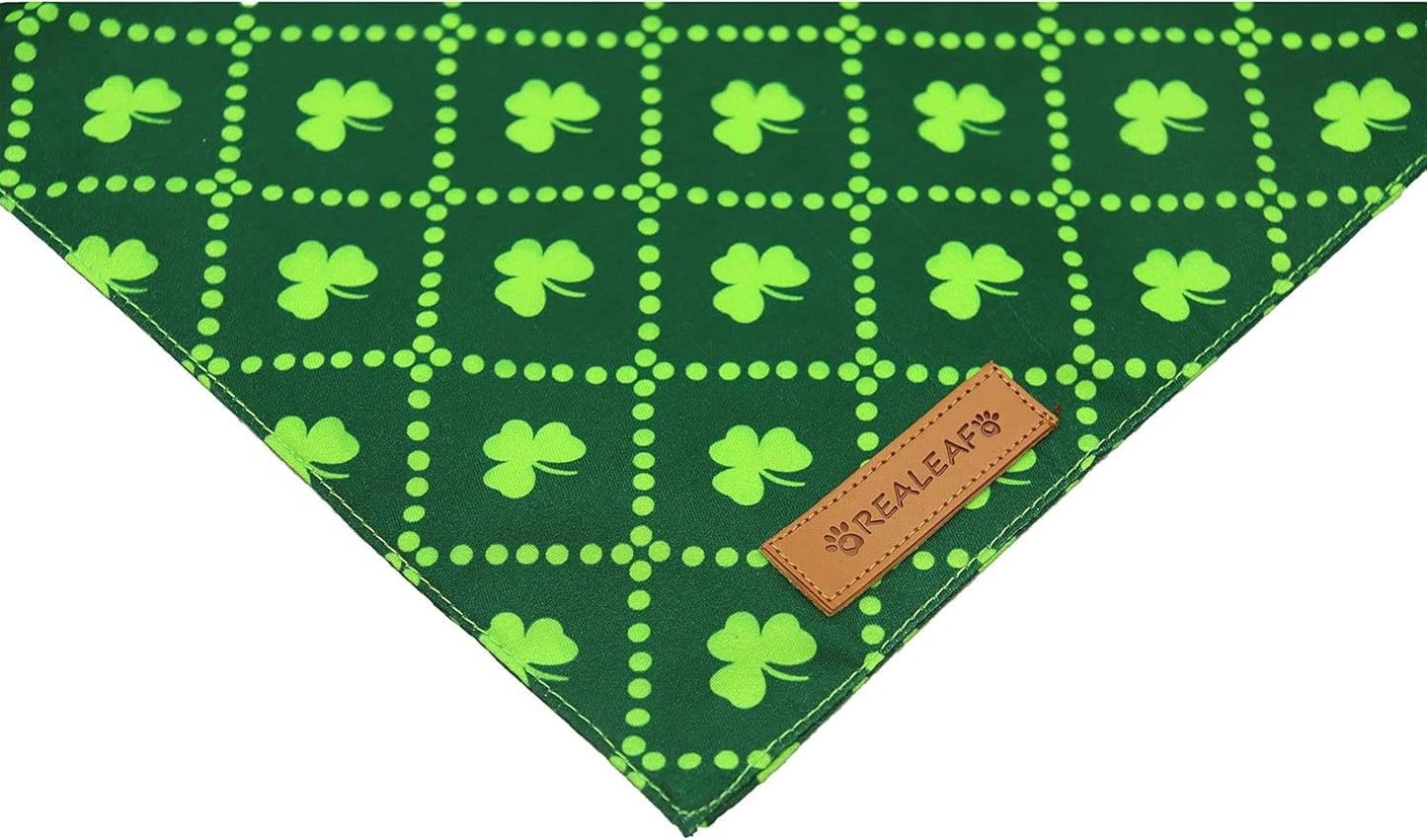Realeaf St. Patrick's Day Dog Bandanas 2 Pack, Reversible Green Shamrock Pet Scarf for Boy and Girl, Premium Durable Fabric, Holiday Bandana for Small Medium Large and Extra Large Dogs (Large)