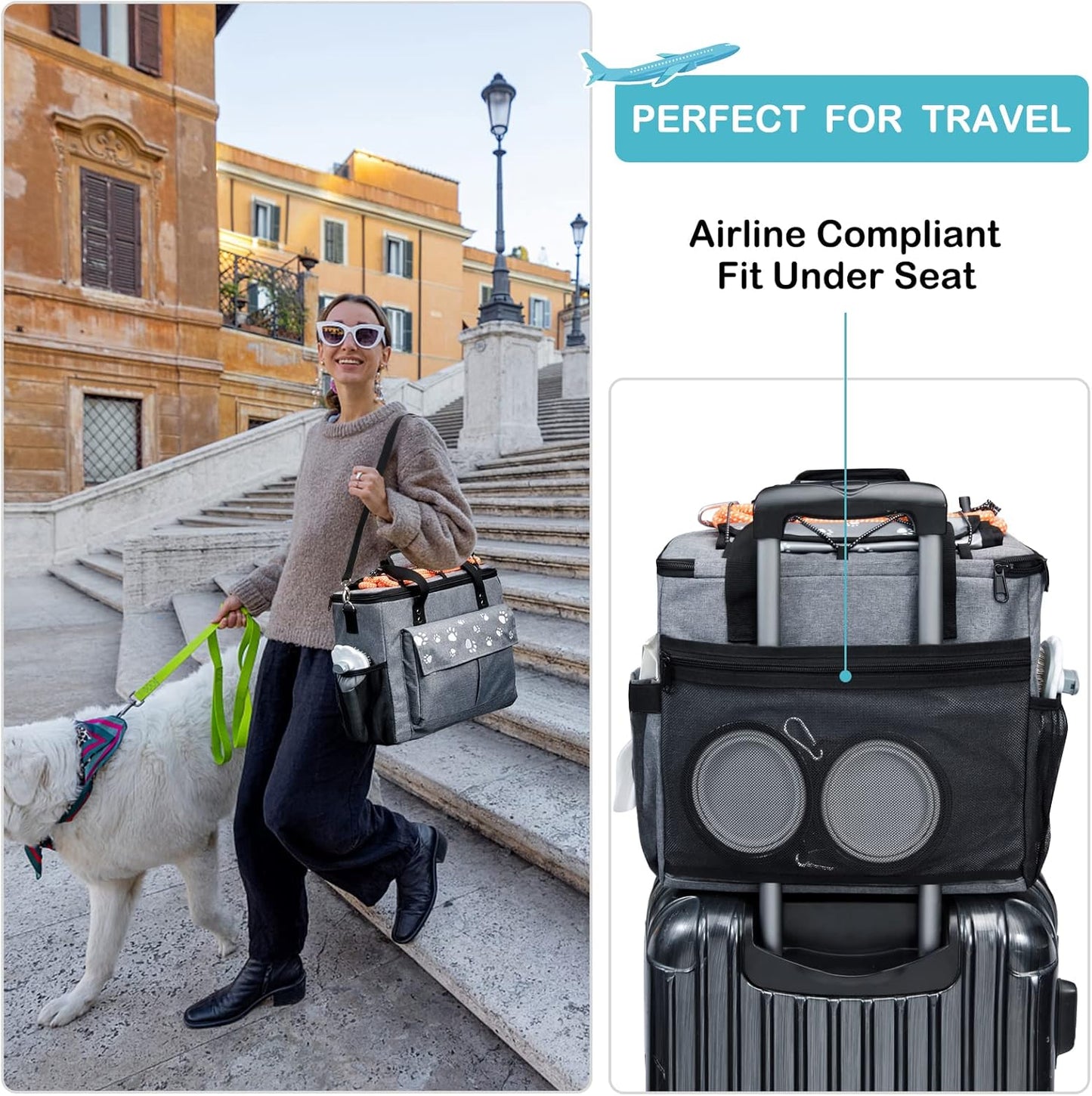 Large Dog Travel Bag, Airline Approved Dogs Bags for Traveling, 2 Dog 's Food Travel Container and Collapsible Bowls, Weekend Pet Travel Bags