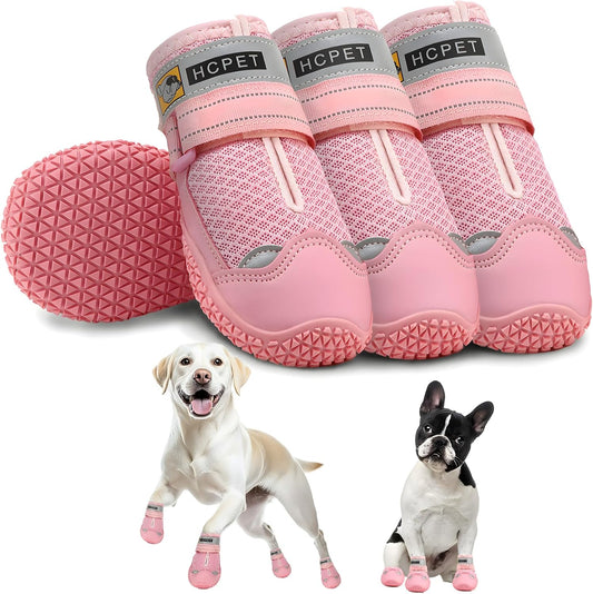 Hcpet Dog Shoes for Large Dogs, Breathable Dog Booties for Small Medium Dogs, Anti-Slip Dog Boots & Paw Protectors for Hot Pavement Winter Snow Hiking with Reflective Straps Pink Size 5