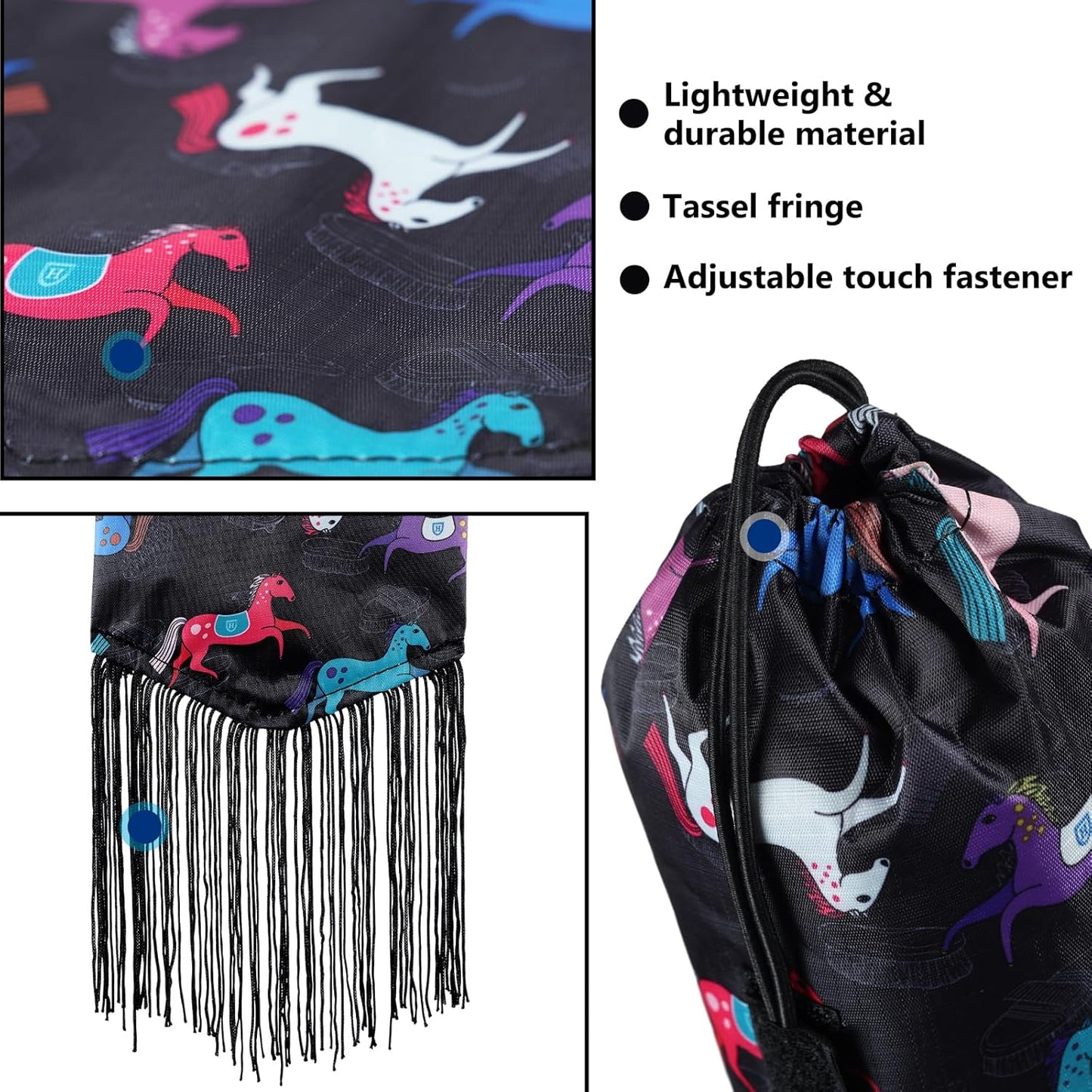 Harrison Howard Smooth Lightweight Adjustable Fastener Nylon Horse Tail Bag with Fringe