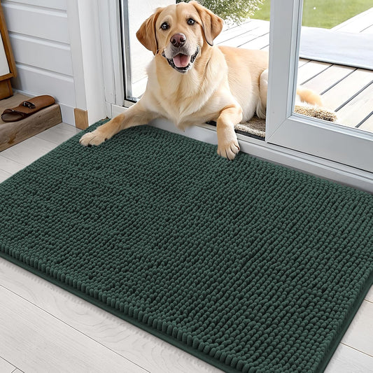 OLANLY Dog Door Mat for Muddy Paws 36x24, Absorbs Moisture and Dirt, Absorbent Non-Slip Washable Doormat, Quick Dry Chenille Mud Mat, Entry Indoor Entryway Carpet for Inside Floor, Blackish Green