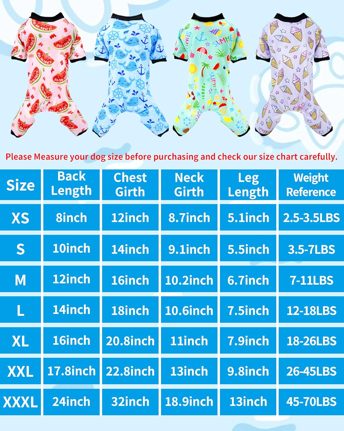 PET SHOW 4 Pack Small Dog Pajamas Watermelon Doggies Soft Stretchy PJs Whale Ice Cream Jumpsuit Puppy Cats Girl Boy Floral Onesies Outfits with Sleeve Pets Breathable Summer Dog Clothes Costume M