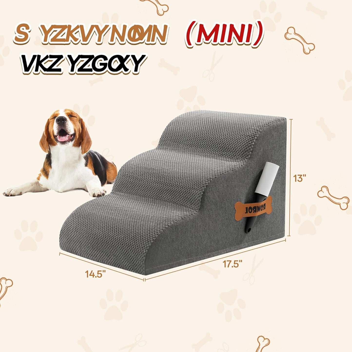 Romrol Dog Stairs Ramp for Beds Couches, Extra Wide Pet Steps with Durable Non-Slip Waterproof Fabric Cover, Dog Slope Stairs for Small Dogs and Cats or Pets Friendly, 3-Tiers, 13 Inch,Grey