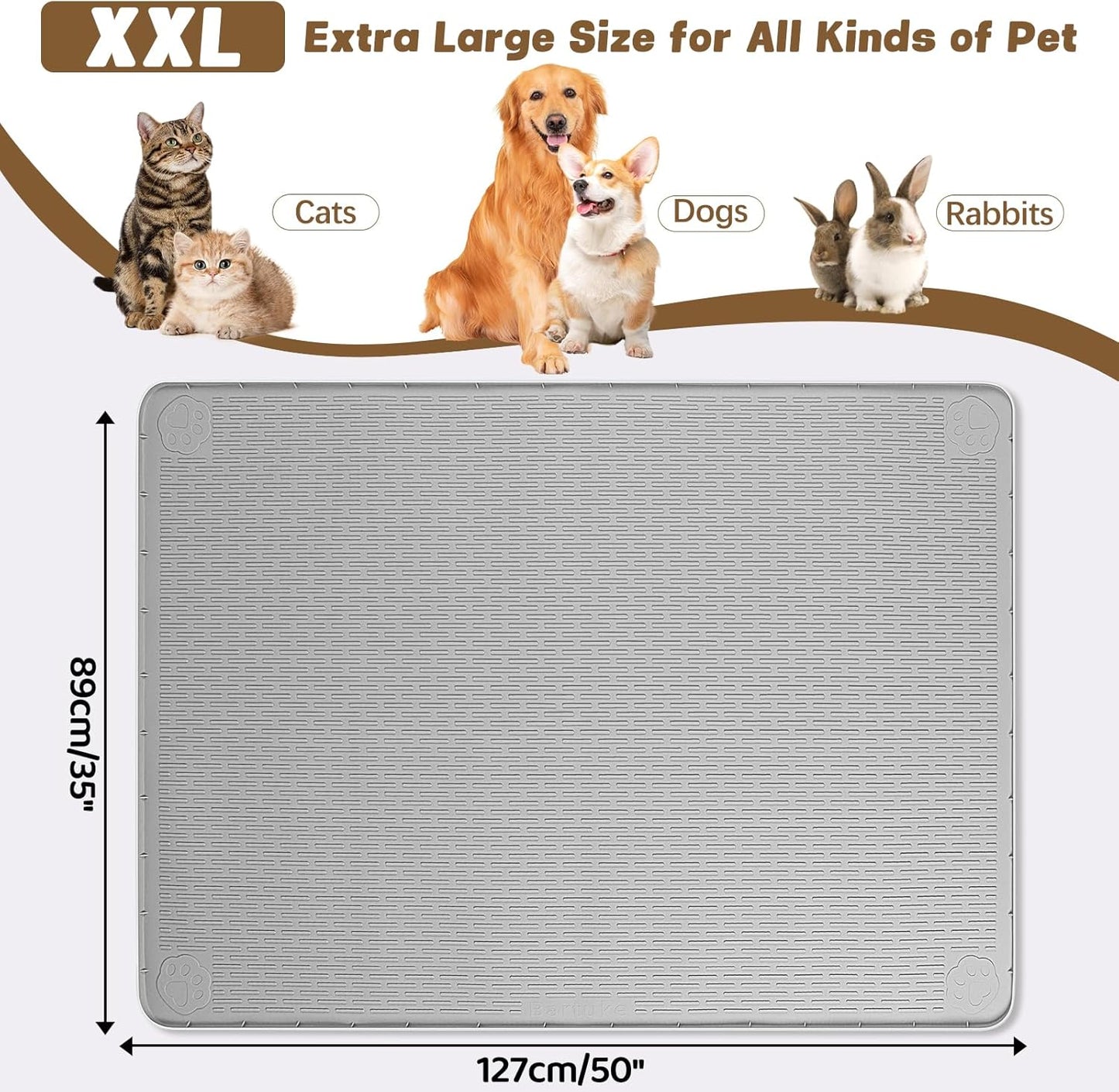 Cat Food Mat, 50" x 35" Extra Large Silicone Pet Feeding Mat with Raised Edge Pet Placemat for Food and Water Bowl Non-Slip, Easy to Clean, Floor Protection (Grey)