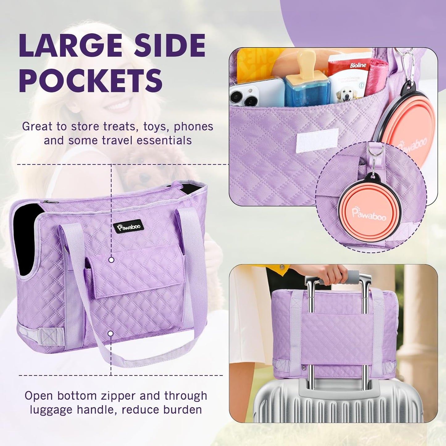 Pawaboo Dog Purse Carrier for Small Dogs with Pocket, Lightweight Dogs and Puppies Tote Bag Carrier, Dog Carriers Soft Sided for Puppy Cat Rabbit, Shopping Travel Puppy Carriers Under 11 LBS, Purple