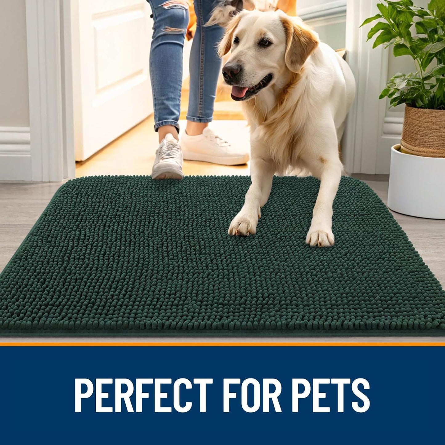 OLANLY Dog Door Mat for Muddy Paws 44x24, Absorbs Moisture and Dirt, Absorbent Non-Slip Washable Doormat, Quick Dry Chenille Mud Mat, Entry Indoor Entryway Carpet for Inside Floor, Blackish Green