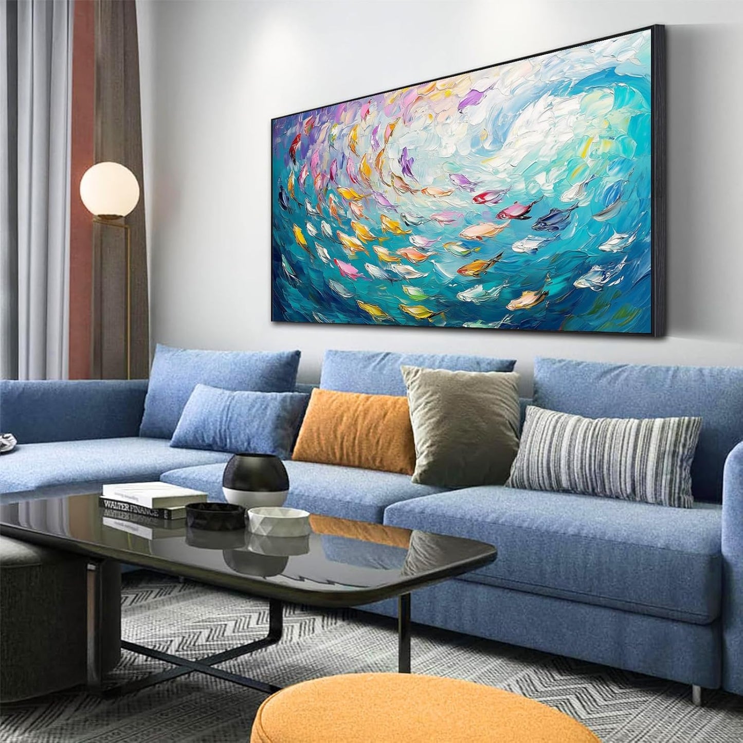 Fish Canvas Wall Art, Abstract School of Fish Canvas Wall Art, Ocean Picture Print, Sea Life Print Decor, Nautical Painting, Living Room, Bedroom, Bathroom Decor (Black Framed, 36"x20" | 92x52cm)