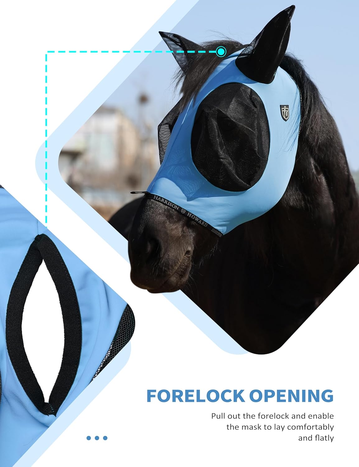 Harrison Howard Horse Fly Mask with Forelock Opening Stretch Breathable and Comfortable for Horses UV -Protection Ice Blue M