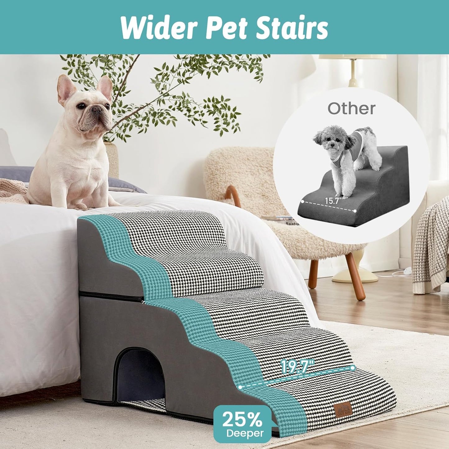 Wide Dog Stairs with Tunnel, Foam Detachable Large Dog Step for Small Pet, Puppy or Cats, Medium Pet Ramp for High Bed, Couch, Sofa or Car, 19.7x33x22.4 inch, 5 Step, White Black