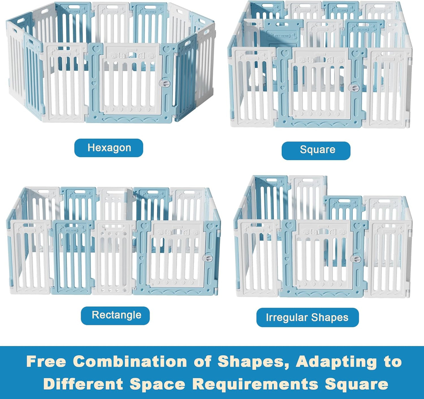 2 Room Dog Playpen with Door,DIY Shape Combination Puppy Pen,16-Panel+2 Link Piece+Large Door+Small Door,25.5" H Dog Fence,Non-Slip&Secure Pet Gate,Easy to Assemble,Blue+White