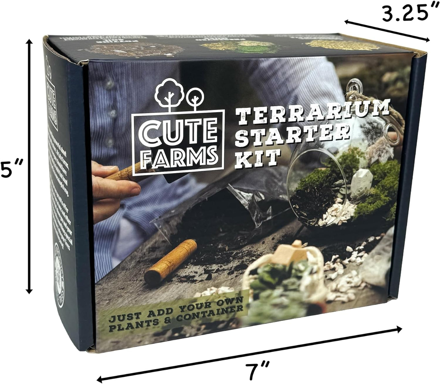 Cute Farms Terrarium Starter Kit | Moss, Vermiculite, Soil, Plant Food, Brush, Build and Care Guide | DIY Succulent Terrarium Kit for Adults and Kids
