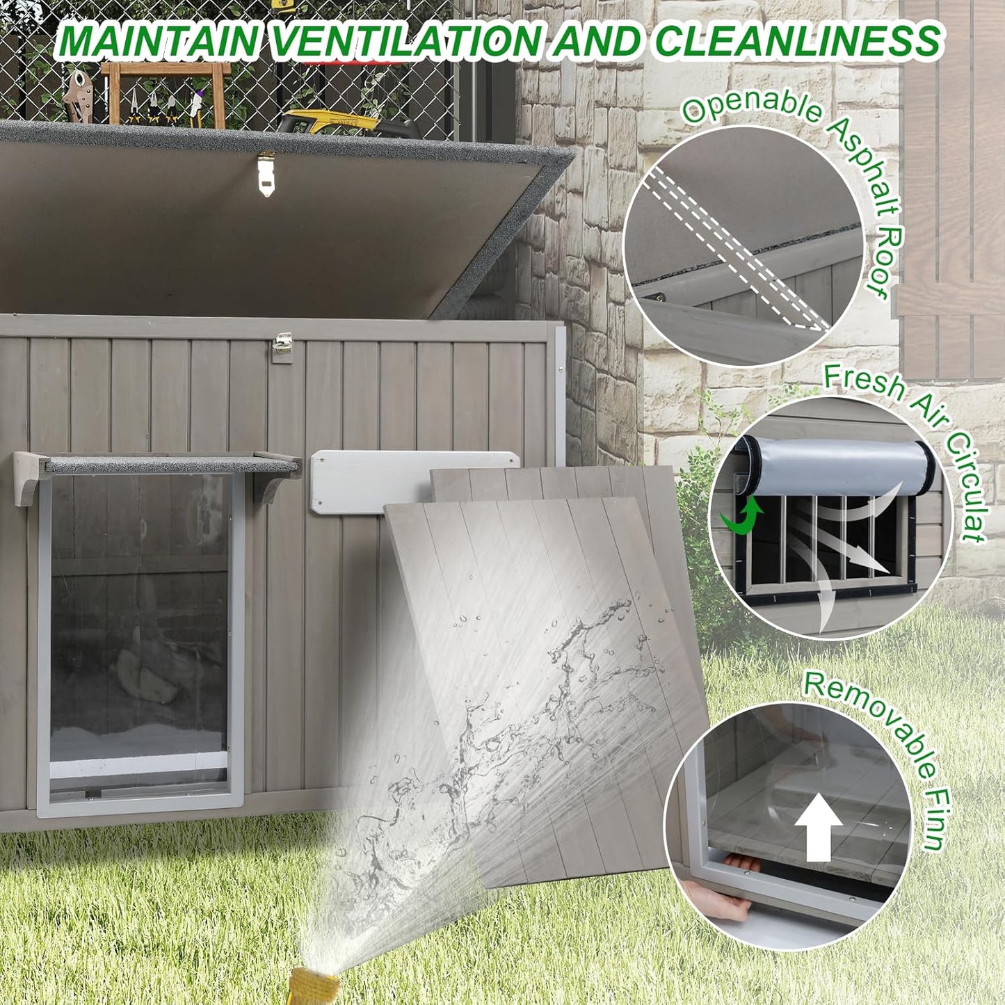 Dog House Outdoor Weatherproof & Wooden Dog Kennel with Chew-Proof Iron Frame，Removable Floor, Adjustable Vent Window, Easy Assembly for Large and Medium Dogs 43.3" D x 29.5" W x 33.5" H