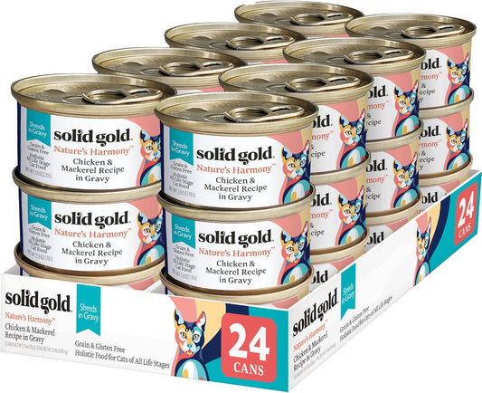 Solid Gold Wet Cat Food Shreds in Gravy - Healthy Canned Cat Food Made w/Real Chicken & Mackerel Shreds, Vitamins & Minerals - Grain Free & Gluten Free Canned Meals for Cats & Kittens - 24ct/3oz Can