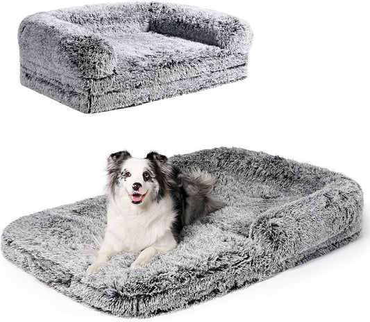 EHEYCIGA Foldable XXL Dog Bed, Faux Fur Fluffy Pet Couch Bed for Extra Large Dogs, Orthopedic Calming Memory Foam Pet Bed, Washable Soft Pet Sofa Bed with Non-Slip Bottom, Faded Black, 54"x38"x7.5"
