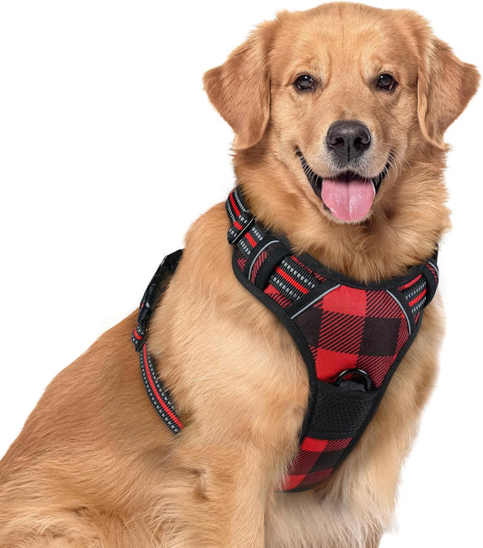 rabbitgoo Dog Harness No Pull with 2 Leash Clips, Adjustable Soft Padded, Reflective Oxford No Choke Pet Vest with Easy Control Handle for Large Dogs, Red Plaid, XL