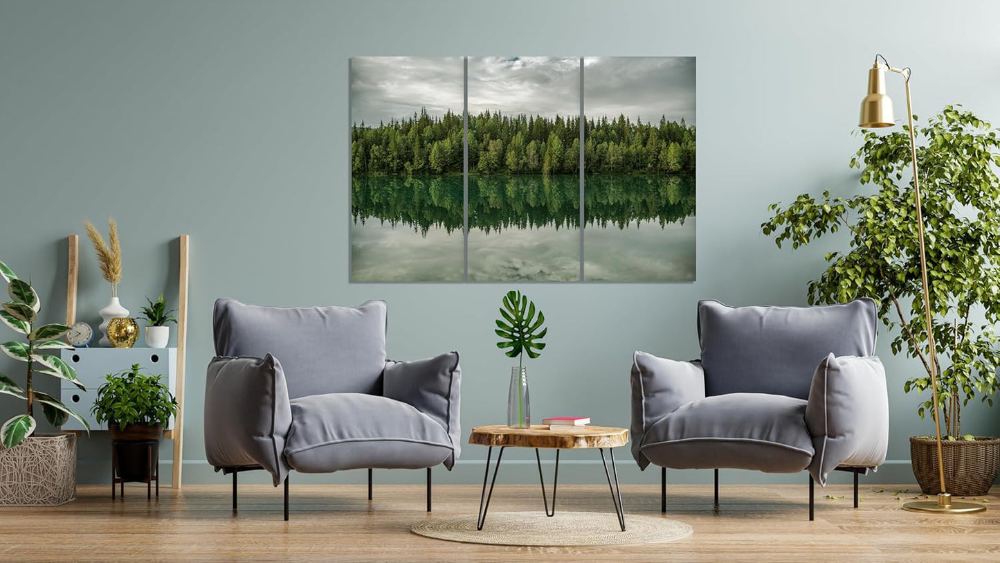 Nature Wall Art Prints - Ocean Forest Mountain Lake Canvas Landscapes - Small to Extra Large Living Room Bedroom Kitchen Bathroom Décor (Forest Reflection, 31L" x 47W" - 3 Panels)