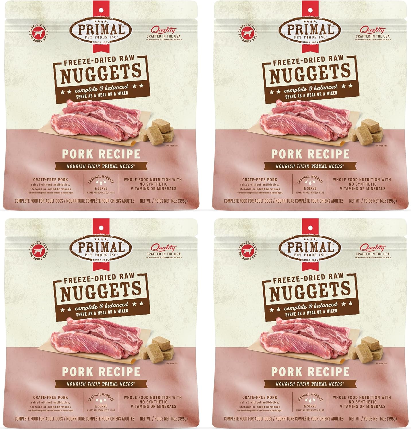 Primal Freeze Dried Raw Dog Food Nuggets, Pork, Complete & Balanced Meal, Also Use as Topper or Treat, Premium, Healthy, Grain Free, High Protein Raw Dog Food, 14 oz (Pack of 4)