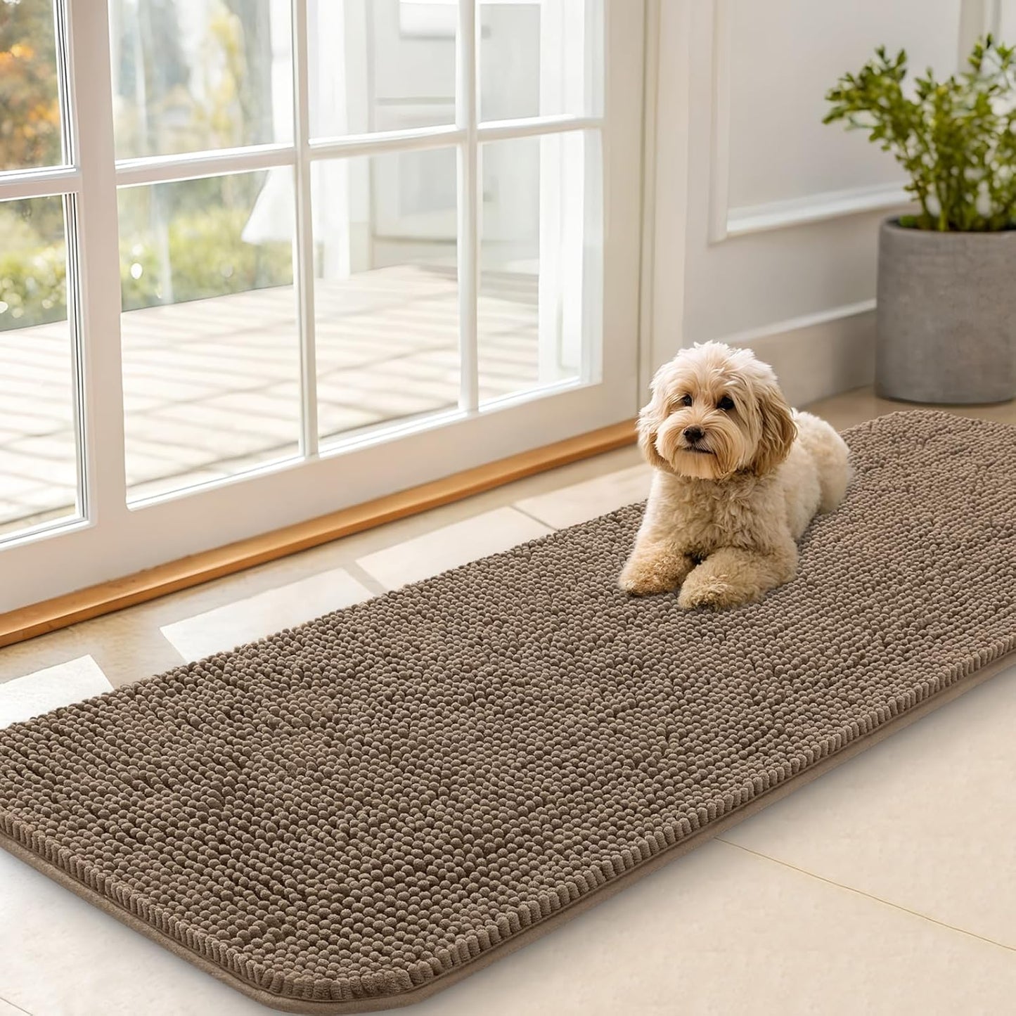 OLANLY Dog Door Mat for Muddy Paws 59x20, Absorbs Moisture and Dirt, Absorbent Non-Slip Washable Doormat, Quick Dry Chenille Mud Mat for Dogs, Entry Indoor Entryway Carpet for Inside Floor, Tan