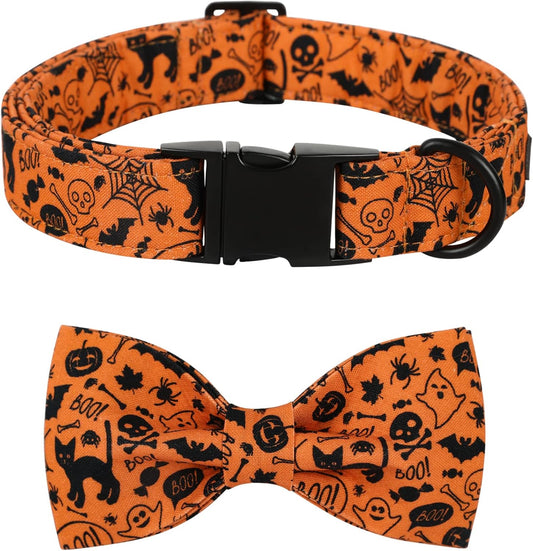 Lionet Paws Halloween Dog Collar with Bowtie - Cute Cotton Adjustable Fall Bowtie Dog Collar with Metal Buckle for Small Medium Large Dog Girl Boy Gift, XXS, Neck 7-11in