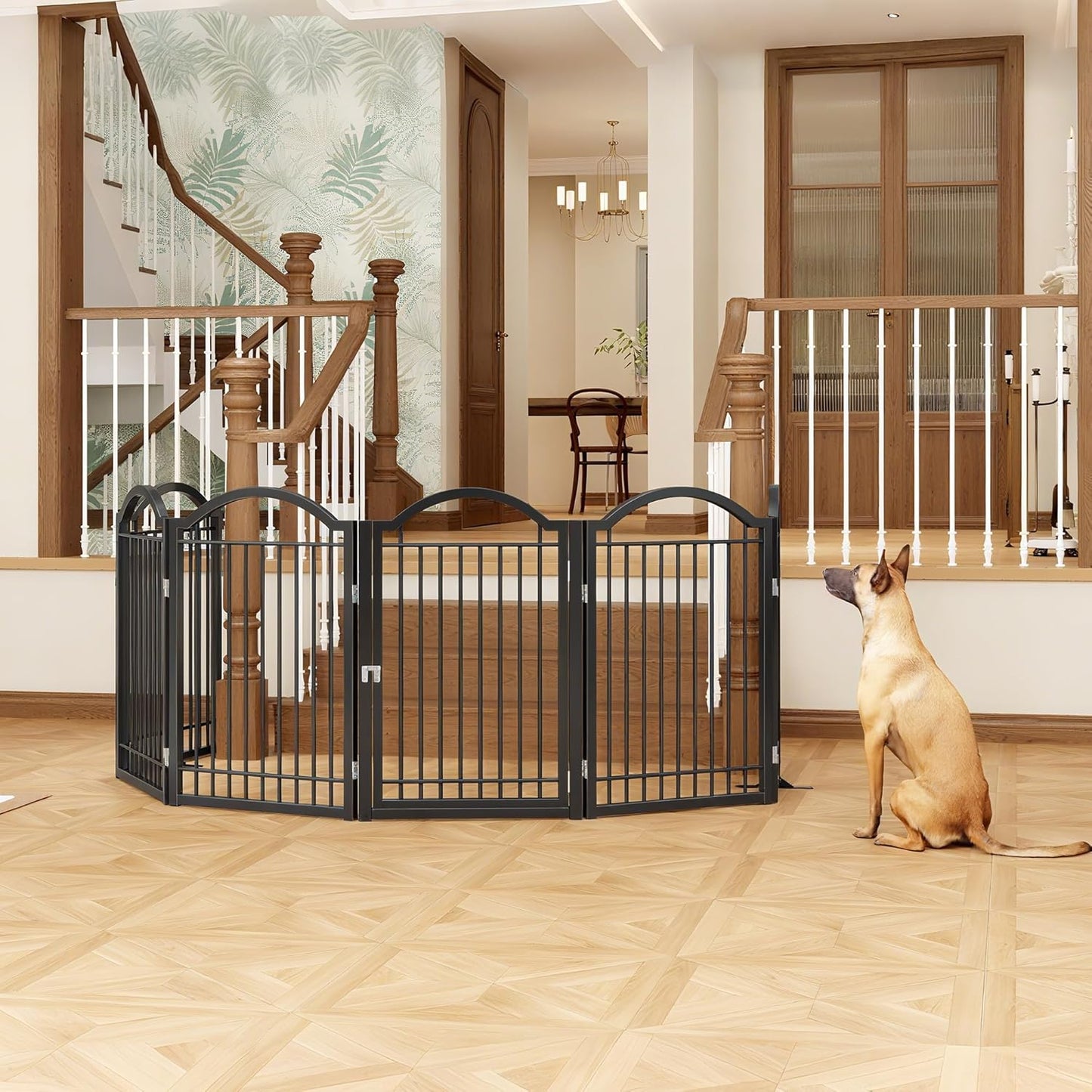 BHG Metal No-Assembly Freestanding Dog Gate with Door Walk Through, Extra Wide 120", Extra Tall 32" Pet Gate, Accordion Puppy Folding Playpen Dog Fence, with 2PCS Support (Black, 5 Panels)
