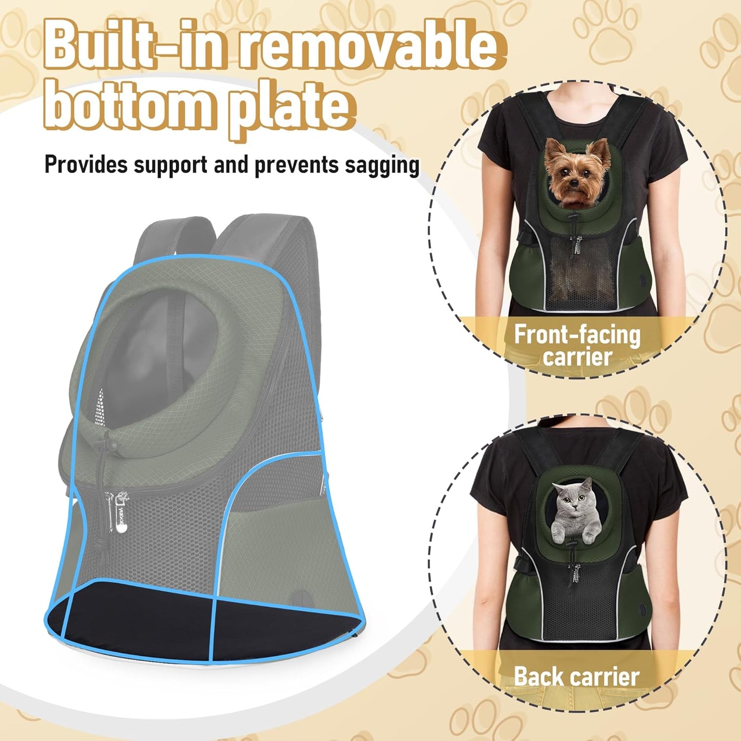 WOYYHO Pet Dog Carrier Backpack Small Dog Front Backpack Ventilated Mesh Dog Travel Back Pack with Safety Belt for Travel Hiking Cycling Outdoor Adventures (Size L: 10-14 lbs, Army Green)