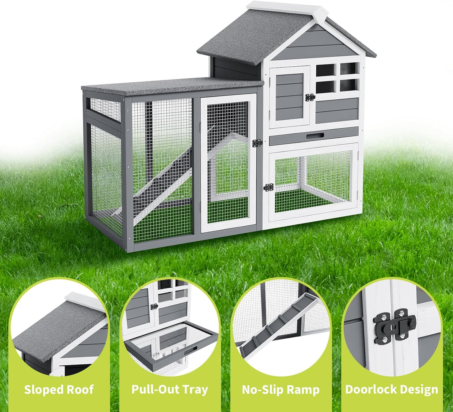 2-Tier Rabbit & Chicken House,Wooden Chicken Coop & Bunny Cage with Non-Slip Ramp, 4 Doors,Waterproof Roof & Pull-Out Tray,Outdoor/Indoor Pet Cage