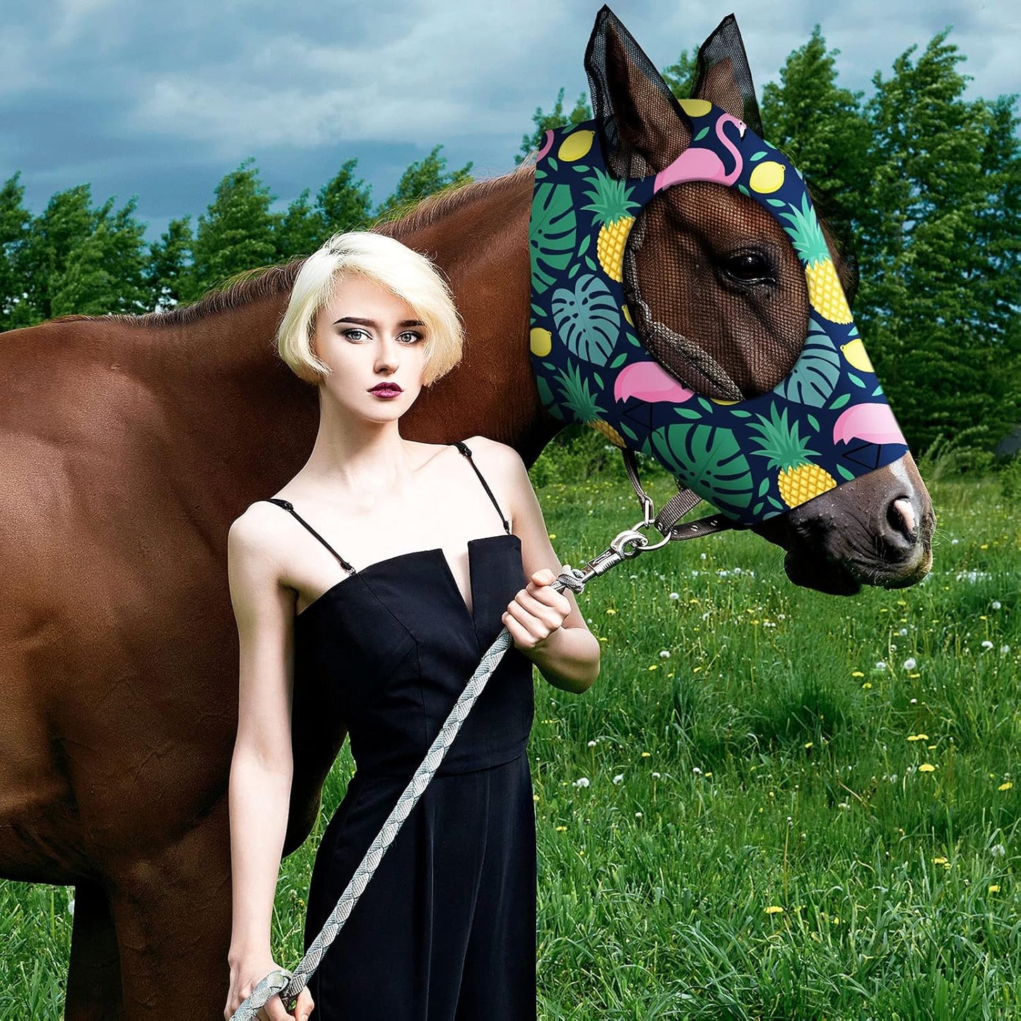 Frienda 4 Pieces Horse Fly Masks with Ears Face Covering UV Protection from Insect Pests Elasticity Smooth Comfortable Mesh Horse Mask Accessories(Fruit,Large)