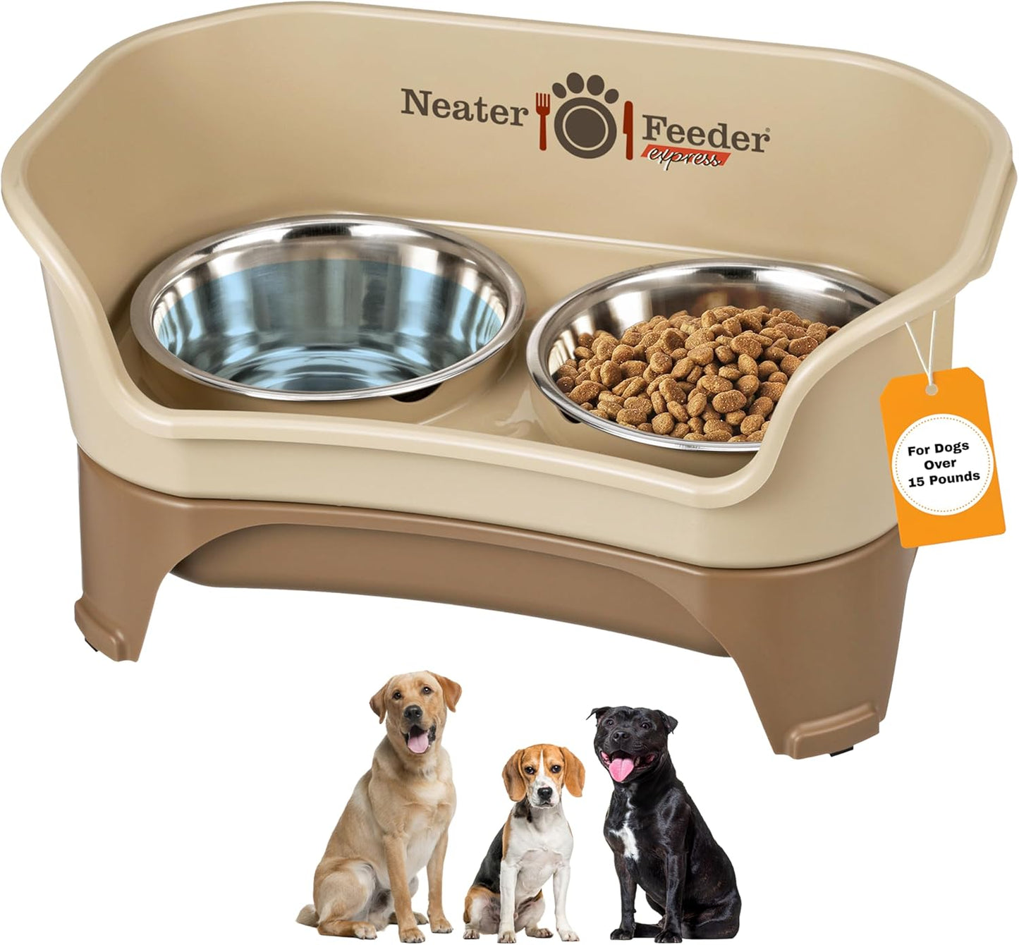 Neater Feeder Express Mess Proof Dog Bowls Elevated for Medium to Large Sized Breed, No Spill Raised Dog Food Bowl Stand, Stainless Steel Food and Water Bowl Set, Pet Dish Feeding Station, Cappuccino