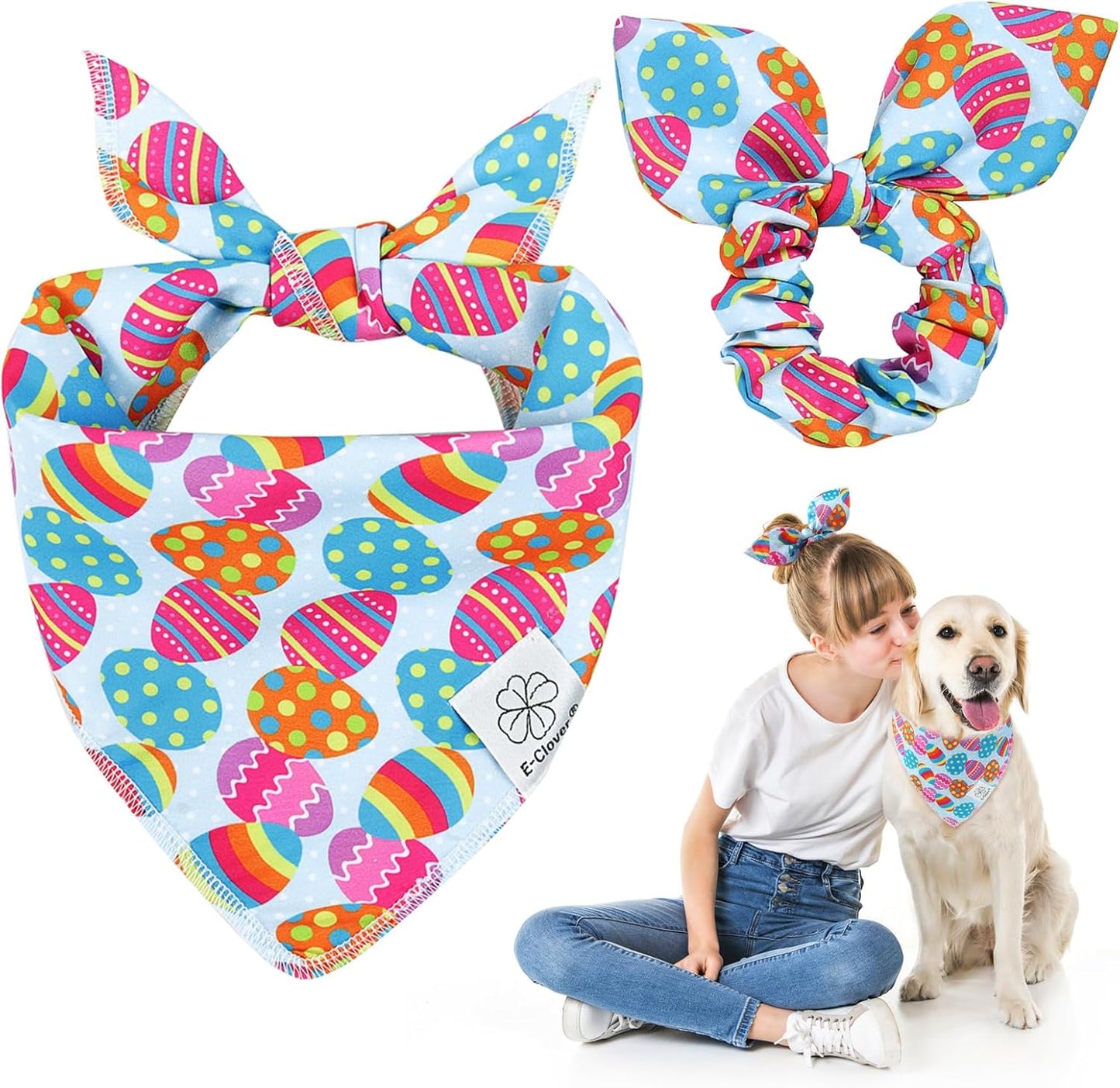 E-Clover Easter Dog Bandana & Matching Scrunchie Set Egg Dog Bandanas Scarf with Bunny Hair Tie for Medium Large Dogs & Pet Owner Mom Gift