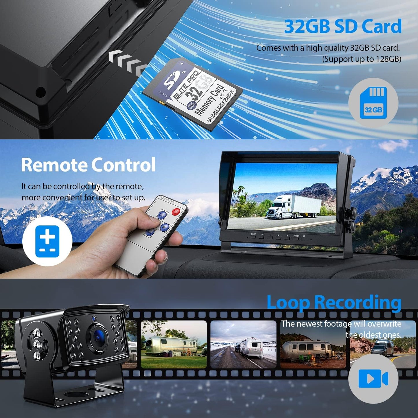 10" HD Backup Camera System Kit, Loop Recording Large Monitor with Wired Rear View Camera, IR Night Vision Waterproof Camera with Safe Parking Lines for Bus, Semi-Truck, Trailer, RV, BY104A