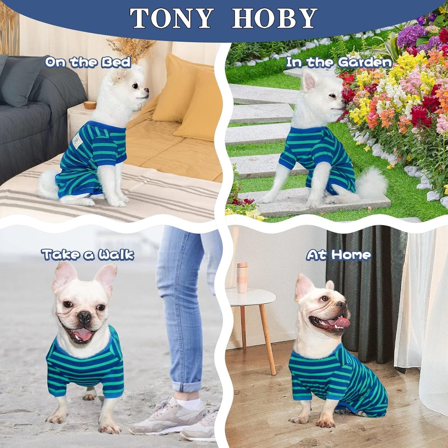 TONY HOBY Dog Pajamas for Female/Male, Dog Jumpsuit with Stripes for Small Medium Dogs, Soft and Comfortable 4 Legged Pajamas Dogs Clothes (Blue&Green, Boy, XL)