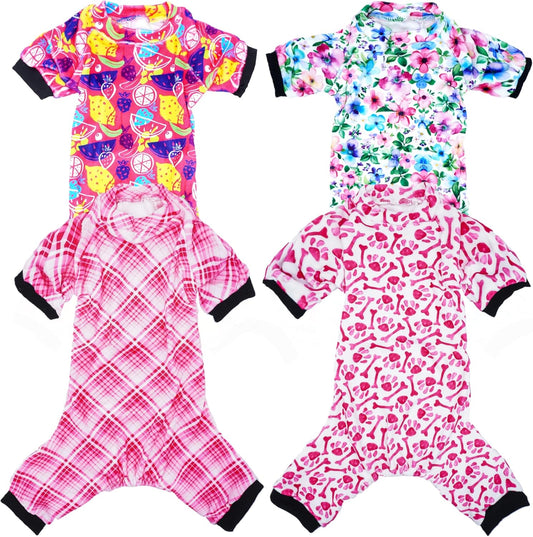 PET SHOW 4 Pack Small Dog Pajamas Cute Paw Bone Clothes for Medium Dogs Soft Stretchy PJs Plaid Jumpsuit Puppy Cats Floral Fruits Onesies Outfits with Sleeve Pets Dachshund Costume(M, Pink for Girls)
