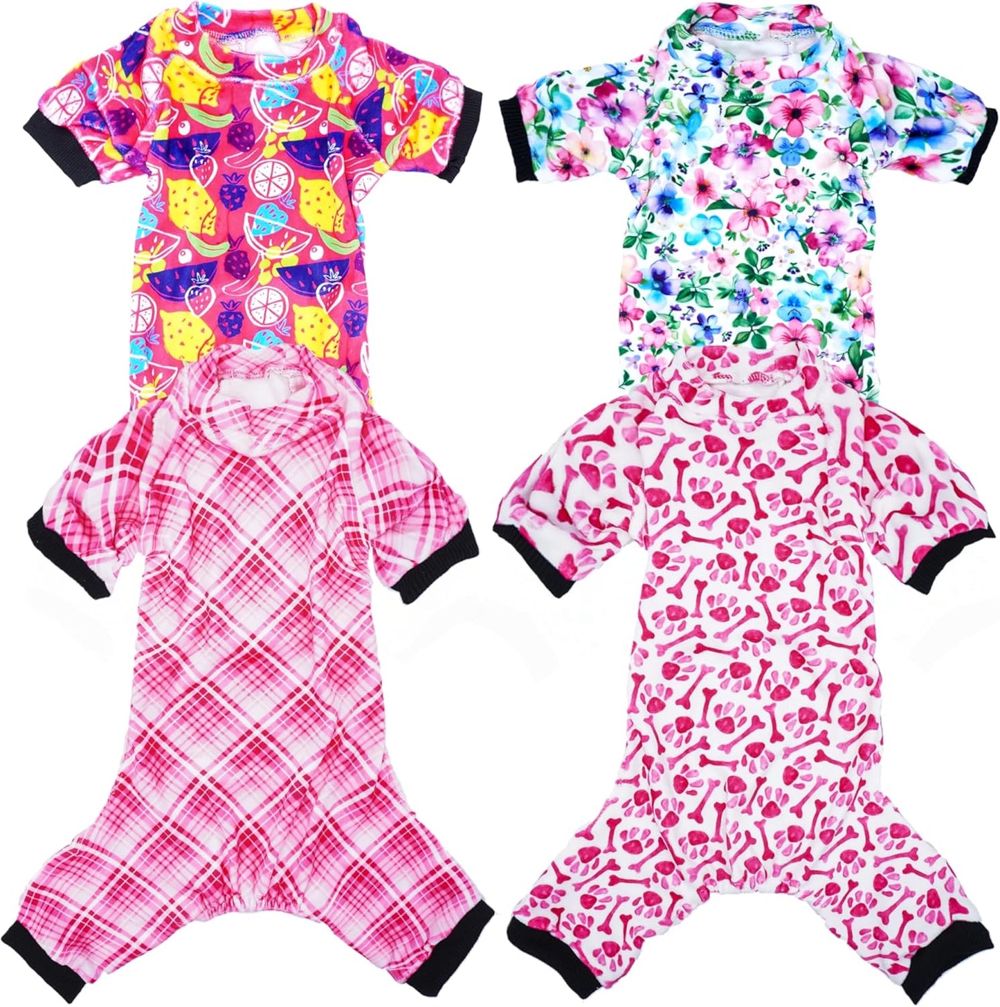 PET SHOW 4 Pack Small Dog Pajamas Cute Paw Bone Clothes for Medium Dogs Soft Stretchy PJs Plaid Jumpsuit Puppy Floral Fruits Onesies Outfits with Sleeve Pets Dachshund Costume(XL, Pink for Girls)