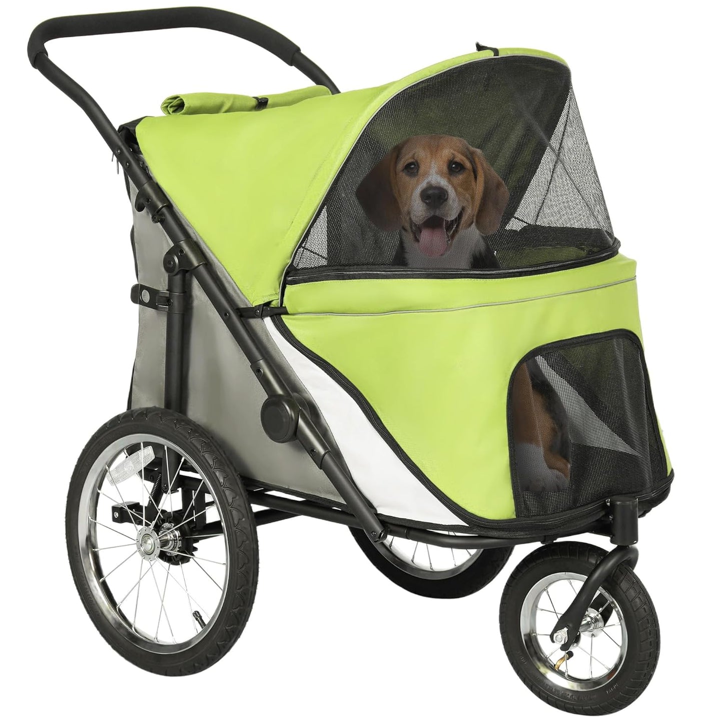 PawHut Dog Stroller, Pet Stroller 3 Wheels with Easy One-Hand Fold, Rubber Wheels, Storage Bag, Soft Cushion, Safety Leash, for Small & Medium Dogs, Yellowish Green