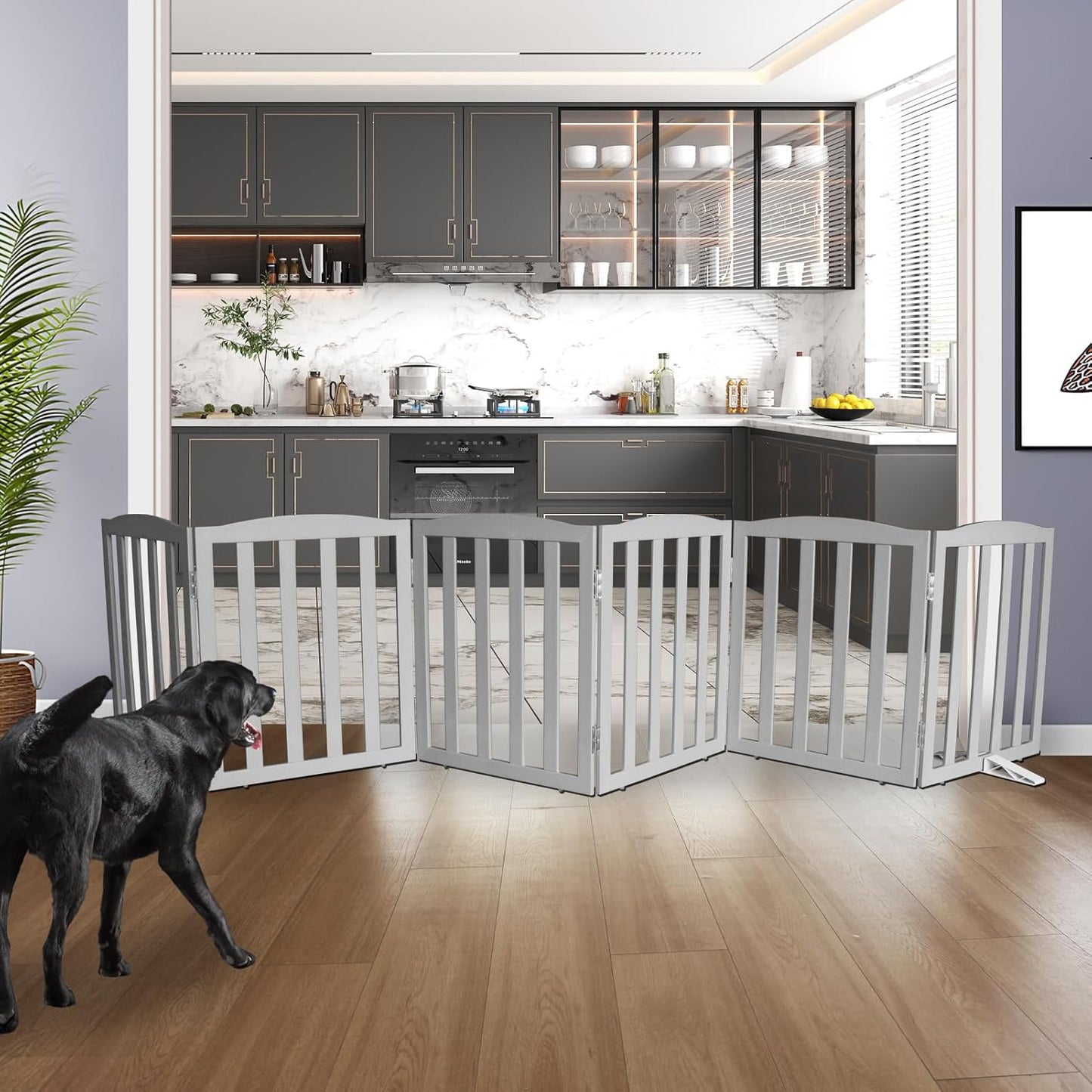 ZJSF Foldable Freestanding Indoor Dog Gate for House Wood Long Pet Gates Dog Fence for Stairs Puppy Gates for Hallways, Puppy Gate,Support Feet Included, Grey, 24 "Height-6 Panels