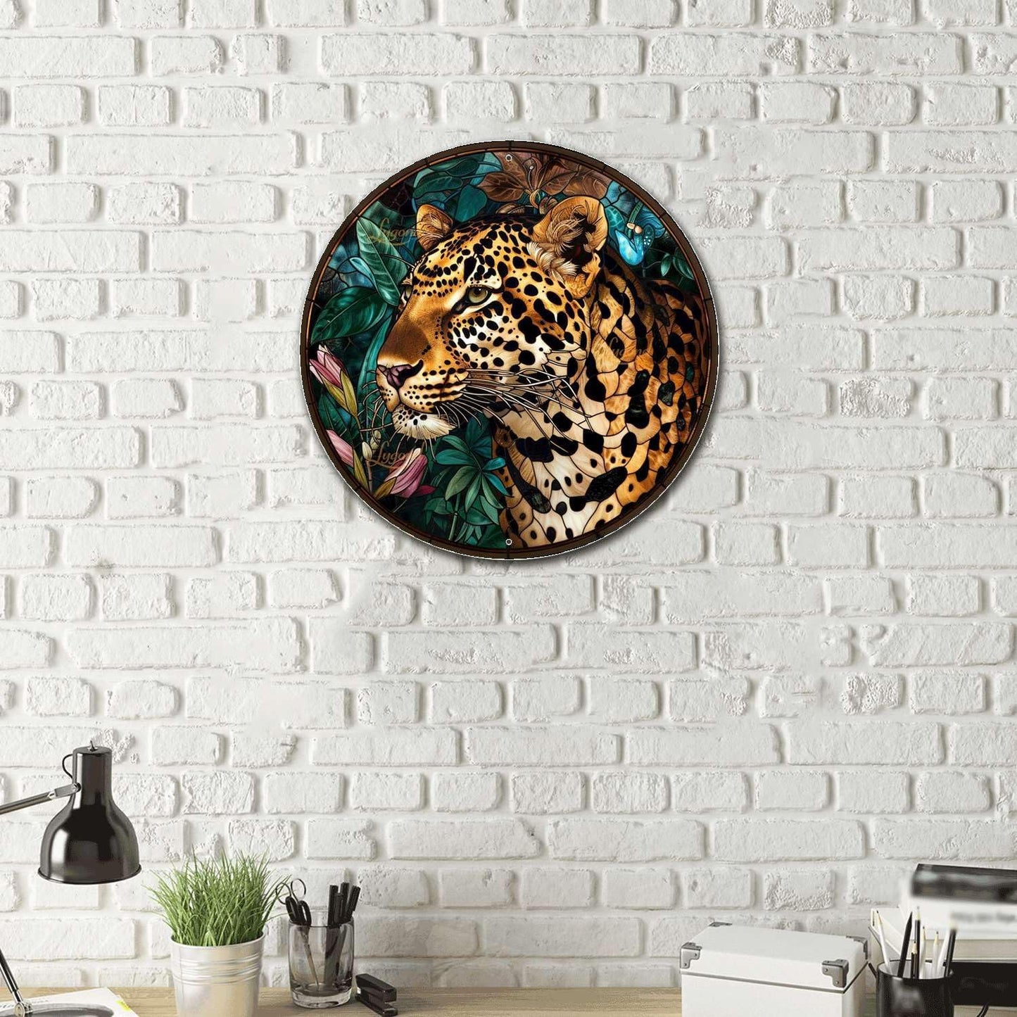 Lygond Metal Sign Tin Sign Circular Stained Glass Leopard Gardening Poster for Bar 12×12 Inches