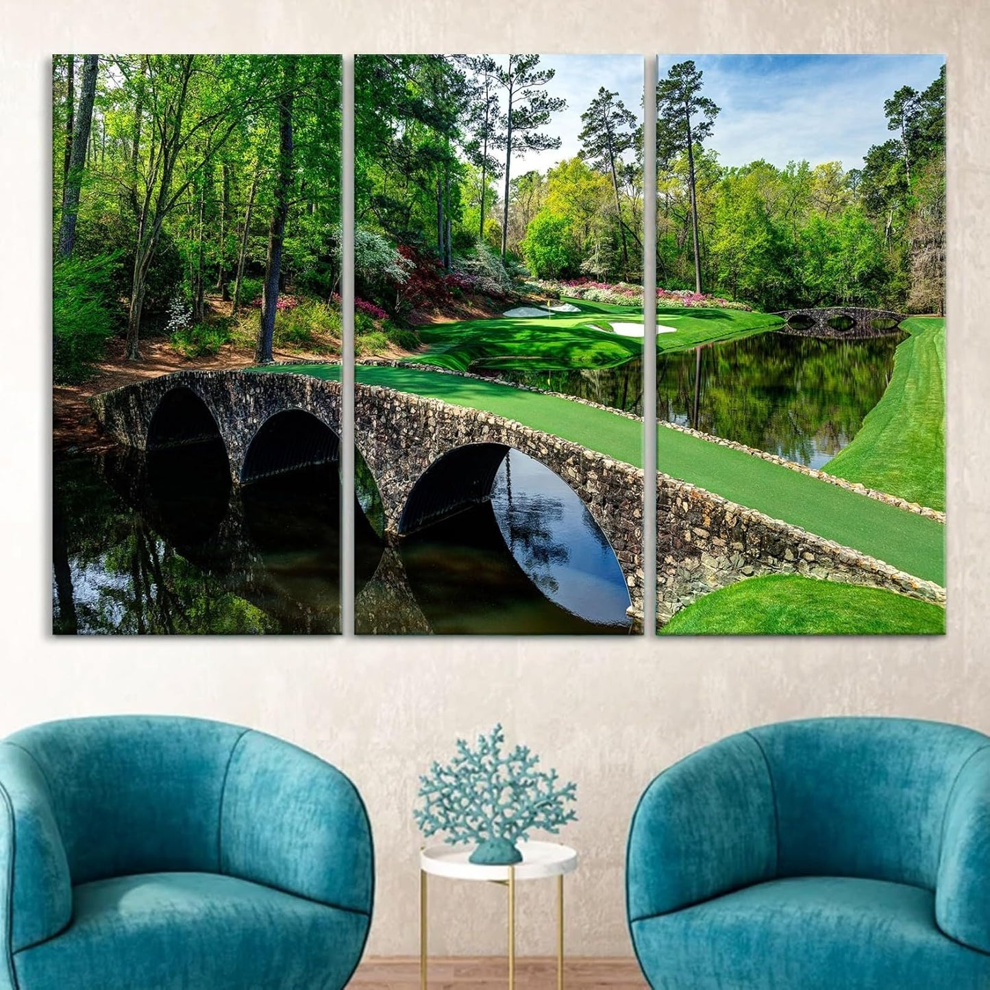 Nature Wall Art Prints - Ocean Forest Mountain Lake Canvas Landscapes - Small to Extra Large Living Room Bedroom Kitchen Bathroom Décor (Golf Course with Stone Bridge, 55L" x 83W"- 3 Panels)