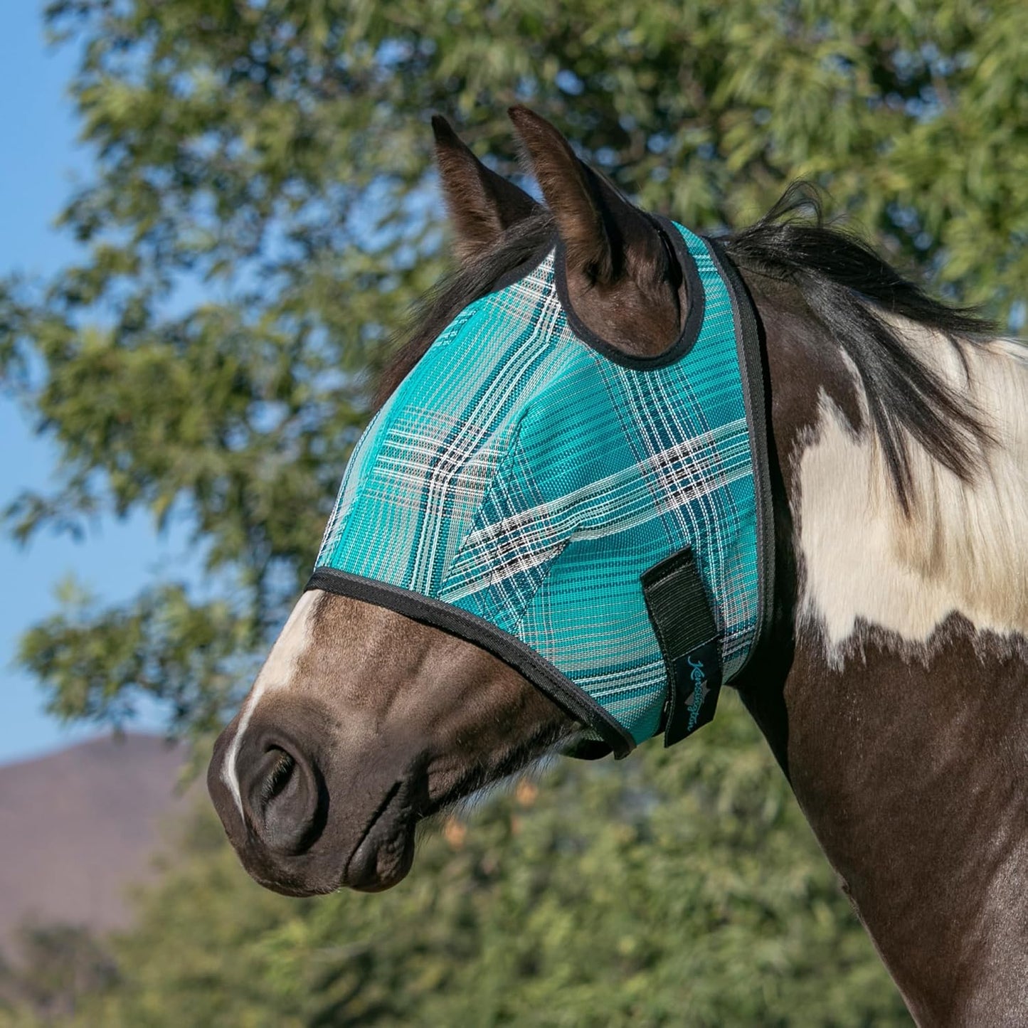 Kensington UV Horse Fly Mask with Web Trim - Protective Mask with Dual Ear Opening & Forelock Freedom - Medium, Atlantis