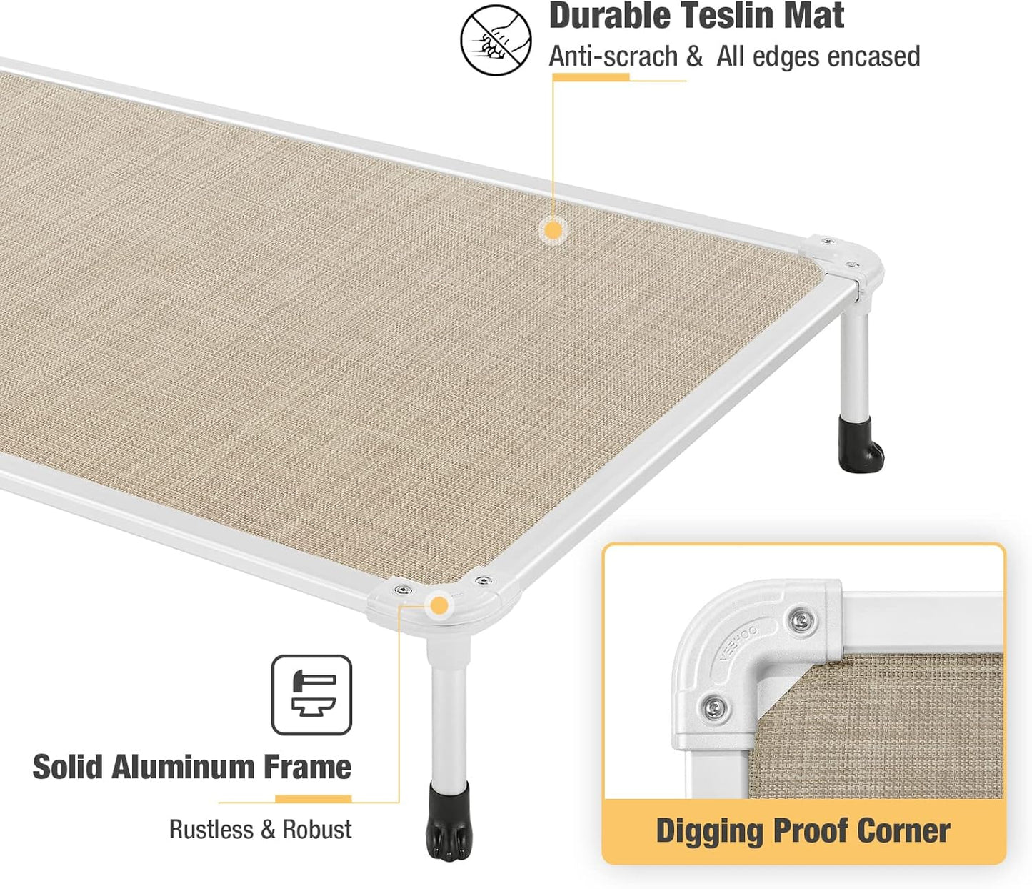 Veehoo Chew Proof Elevated Dog Bed - Cooling Raised Pet Cot - Silver Aluminum Frame and Durable Textilene Mesh Fabric, Unique Designed No-Slip Feet for Indoor or Outdoor Use, Beige Coffee, Medium