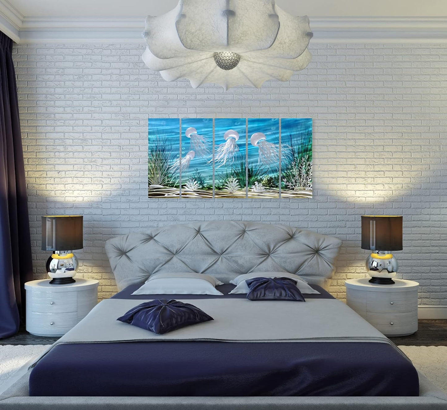 SYGALLERIER Coastal Metal Wall Art Handcrafted 3D Jelly Fish Aluminum Artwork Modern Sea World Pictures Contemporary Abstract Sculpture for Living Room Bedroom Bathroom Decor