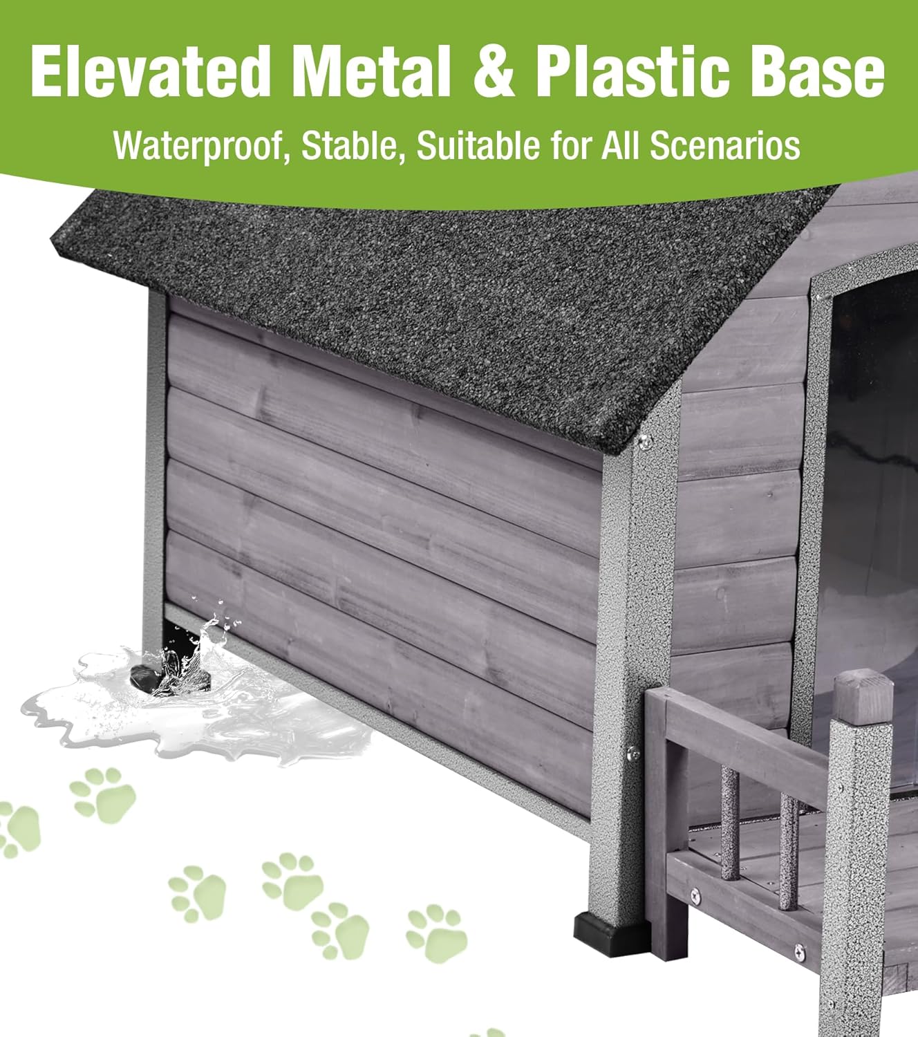 GUTINNEEN Dog House Outdoor Weatherproof with Porch, Puppy Shelter Indoor with Anti-Bite Design, PVC Curtain, Asphalt Roof, Elevated Waterproof Base, for Small to Medium Dogs - Grey